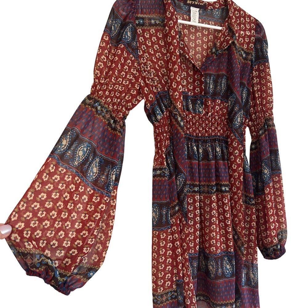 Vtg Made in USA Dress Sz M Whimsigoth Paisley Red Sheer Puff Balloon Sleeve Boho